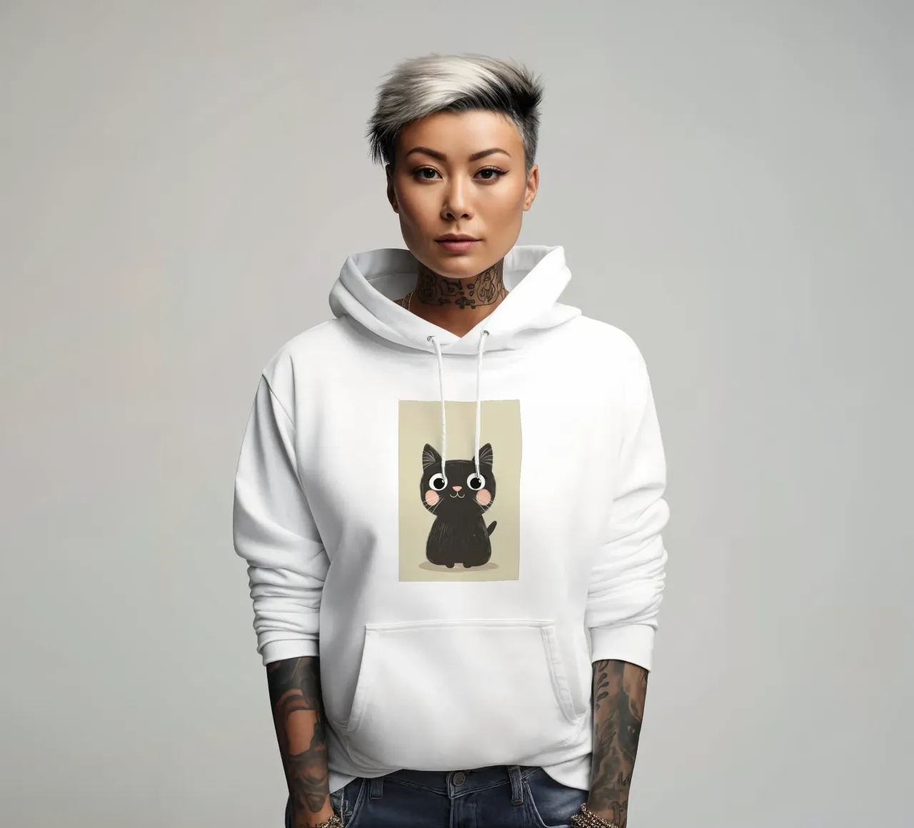 Illustration d'un chat noir mignon pour la chambre d'enfant, Cat Love sweat à capuche de Little Lola