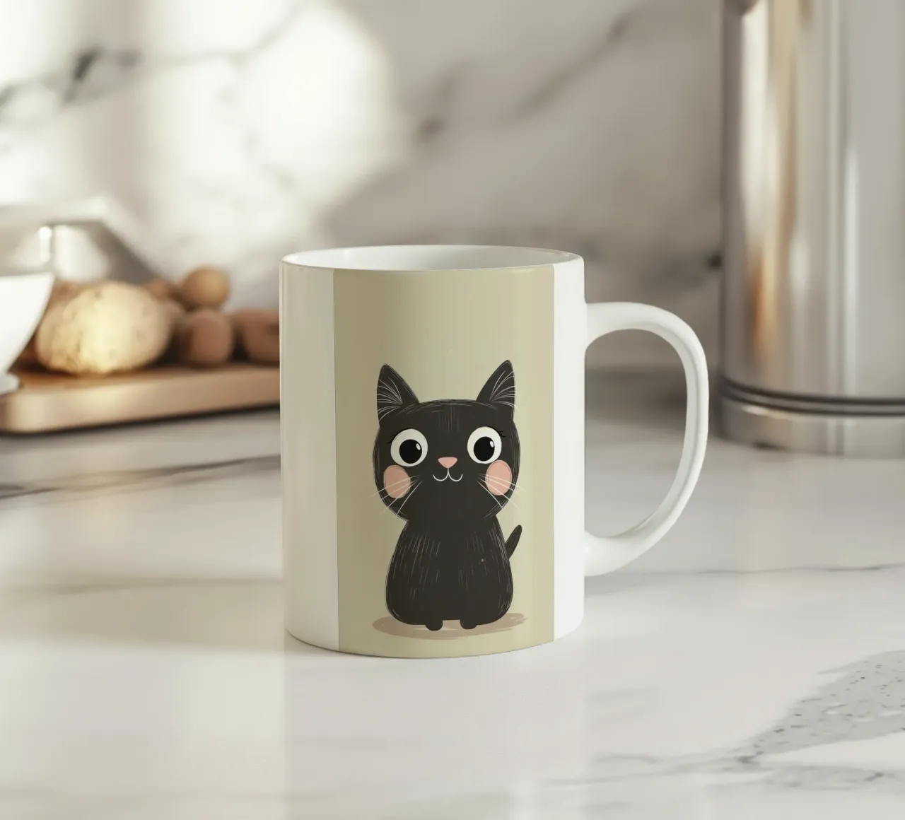 Illustration d'un chat noir mignon pour la chambre d'enfant, Cat Love mug en céramique de Little Lola