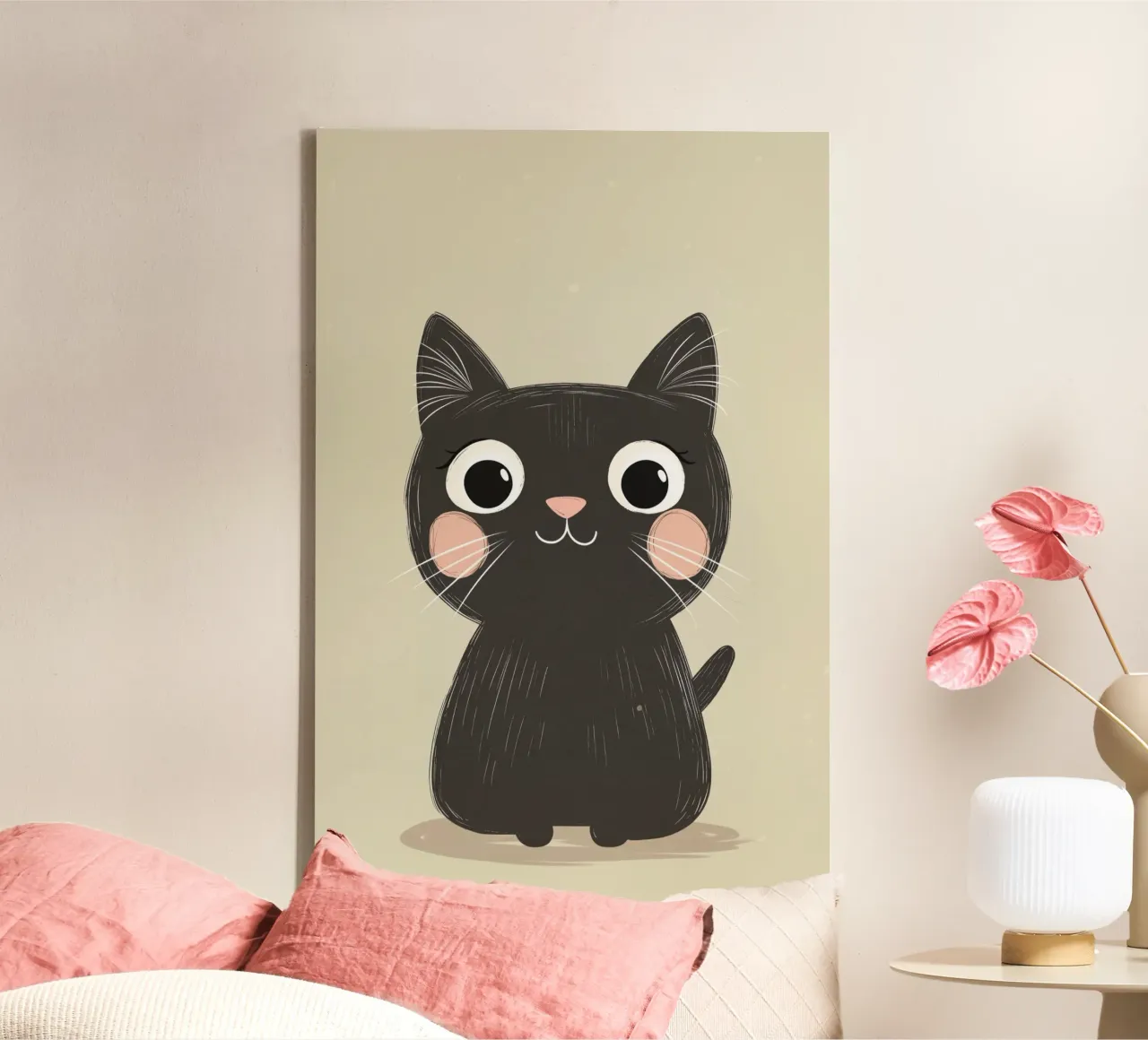 Lindo Gato Negro Ilustración para Niños Nursery Print, Cat Love lienzo de Little Lola