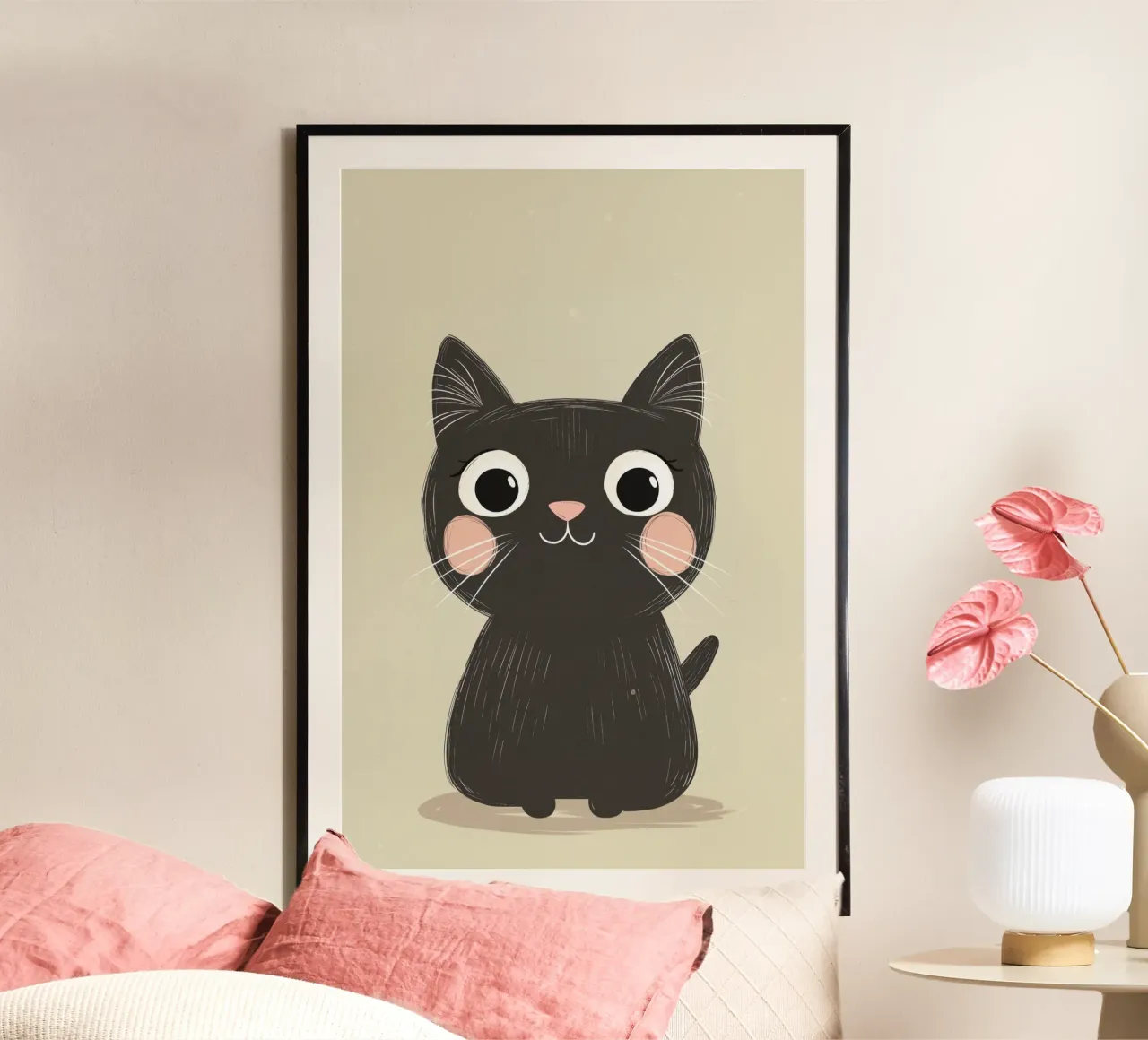 Illustrazione di un simpatico gatto nero per la stampa della cameretta dei bambini, amore per i gatti poster con telaio in plastica da Little Lola