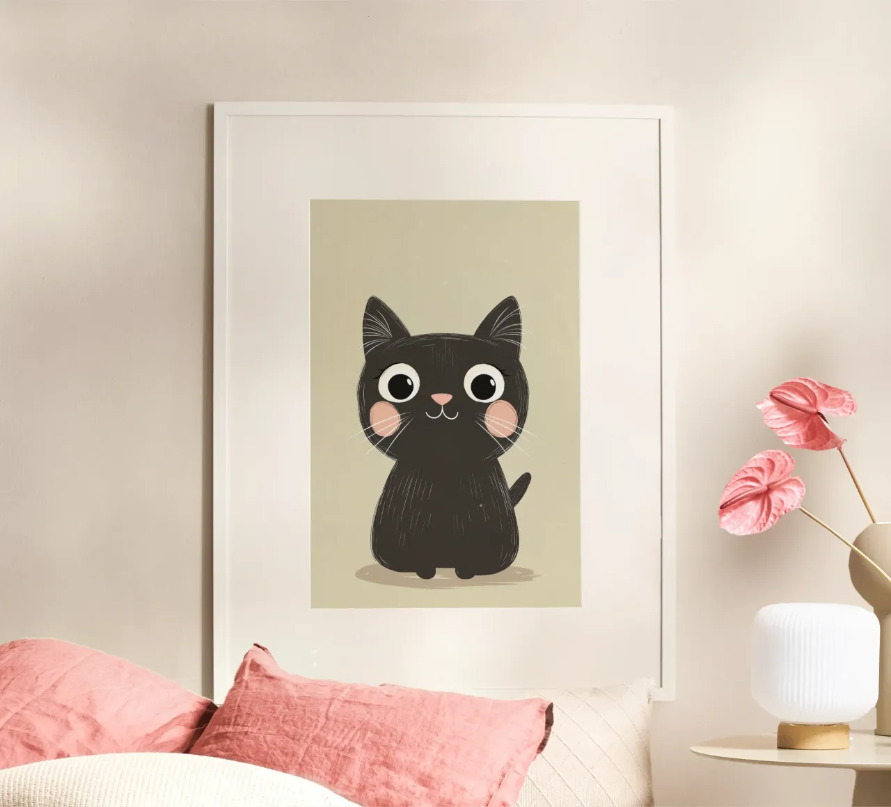 Illustrazione di un simpatico gatto nero per la stampa della cameretta dei bambini, amore per i gatti poster con telaio in plastica da Little Lola