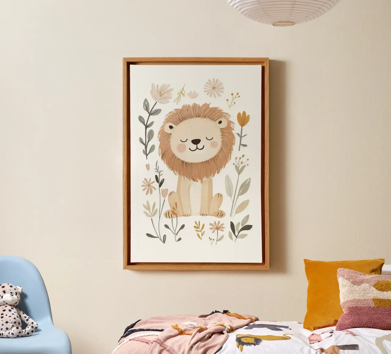 Lion Illustration, Flower Print, Nursery Wall Art, Boho art canvas with Floater frame by Little Lola