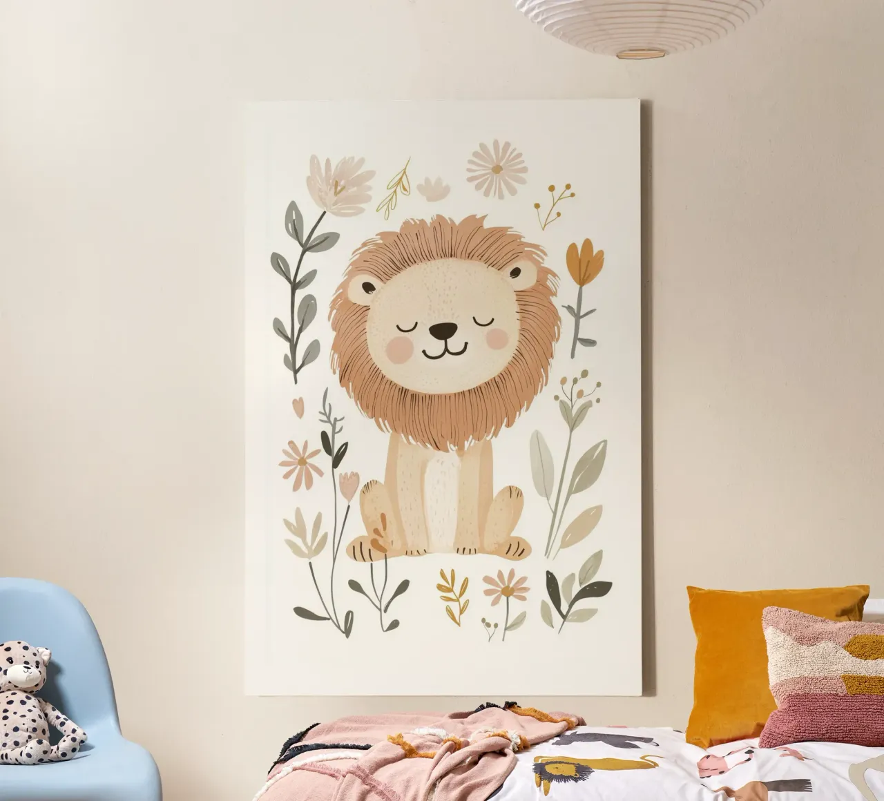 Lion Illustration, Flower Print, Nursery Wall Art, Boho art canvas with Floater frame by Little Lola