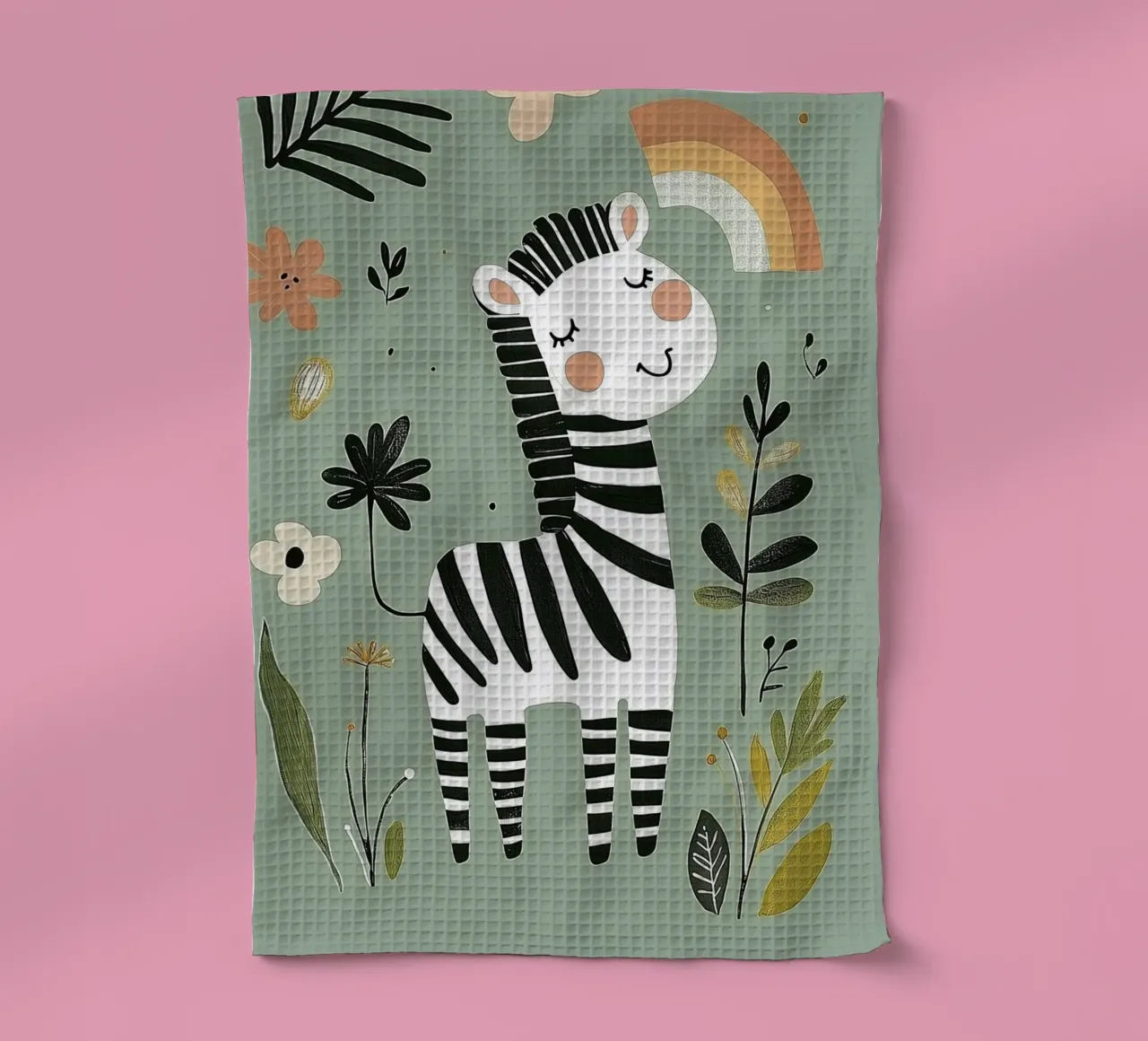 Zebra Animal Illustration for Nursery, Rainbow Botanical art tea towel by Little Lola