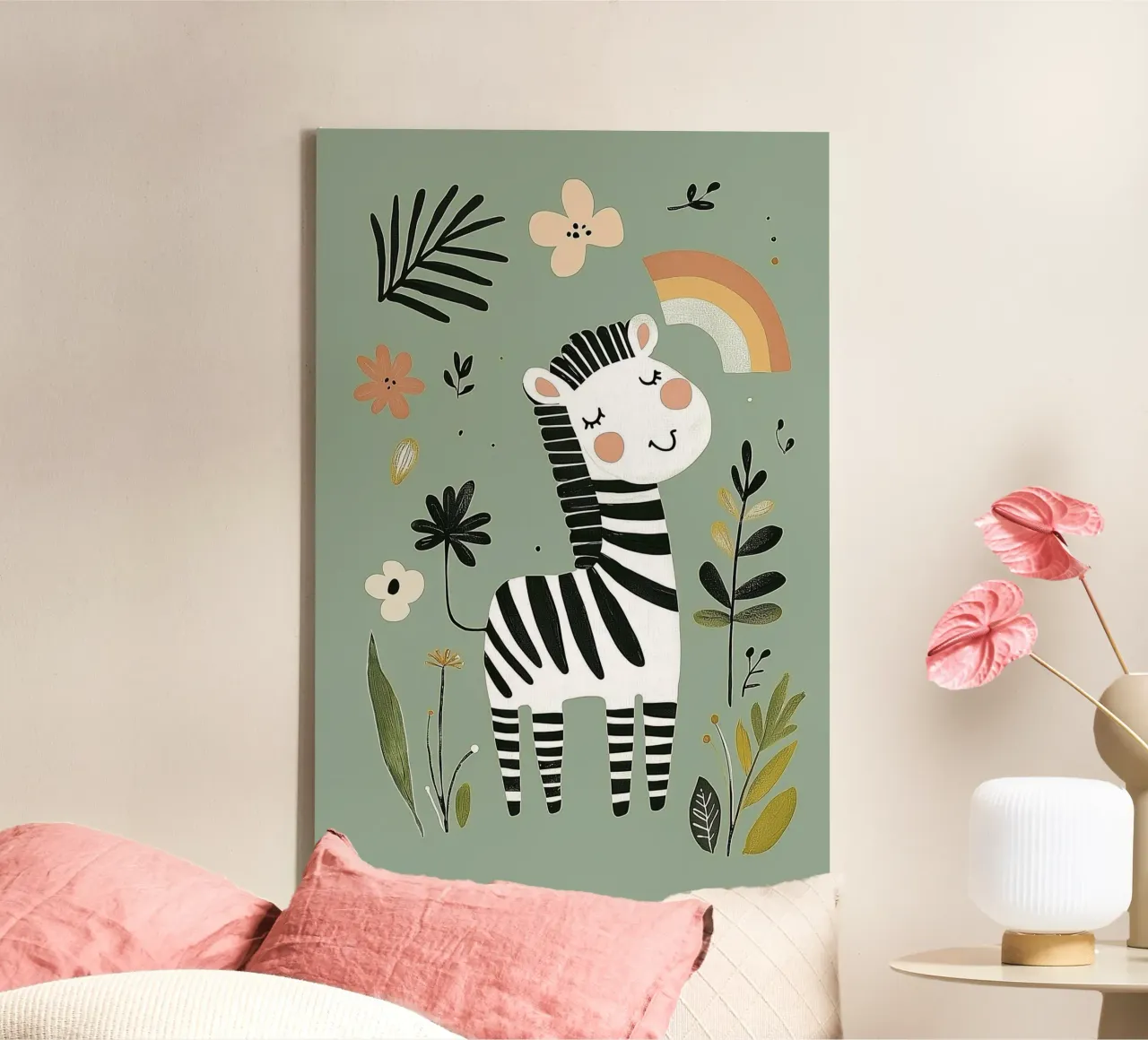 Zebra Animal Illustration for Nursery, Rainbow Botanical art canvas with Floater frame by Little Lola