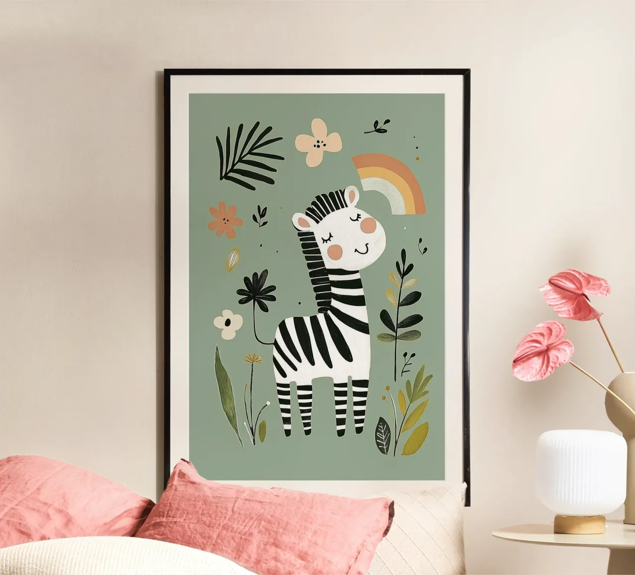 Illustrazione di animali zebrati per vivaio, arte botanica arcobaleno poster da Little Lola