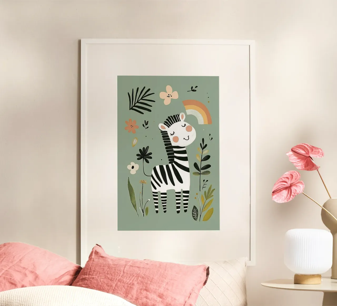 Zebra Tier Illustration für Kinderzimmer, Regenbogen Botanische Kunst Hahnemühle von Little Lola