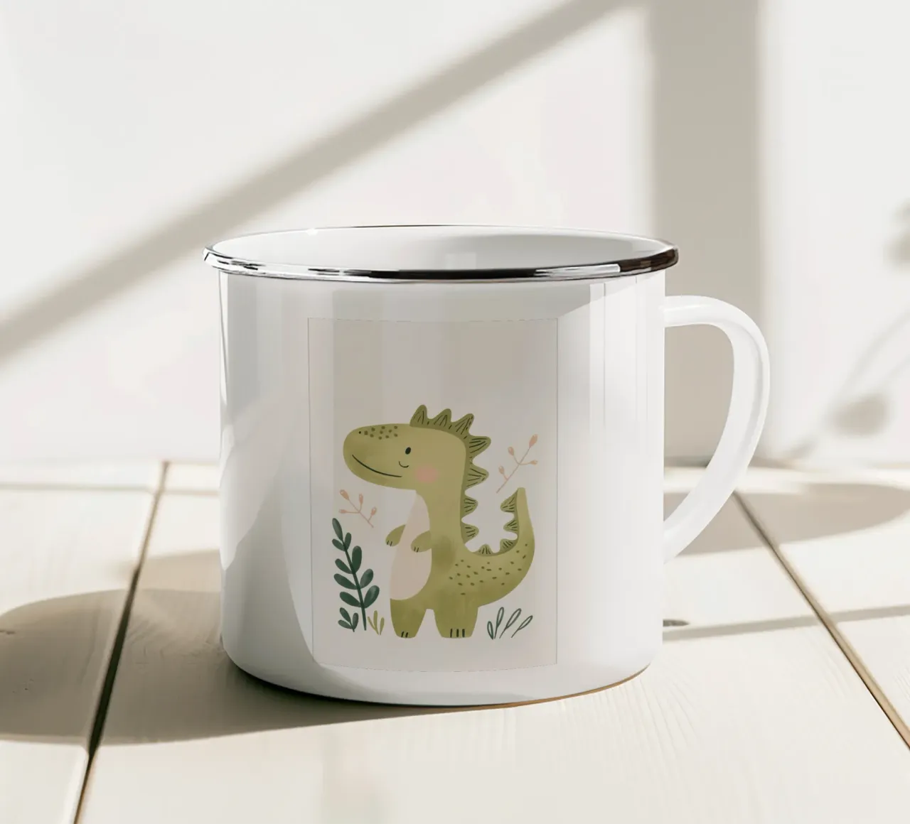 Illustrazione ad acquerello di dinosauri per la cameretta dei bambini e dei ragazzi tazza in smalto da Little Lola