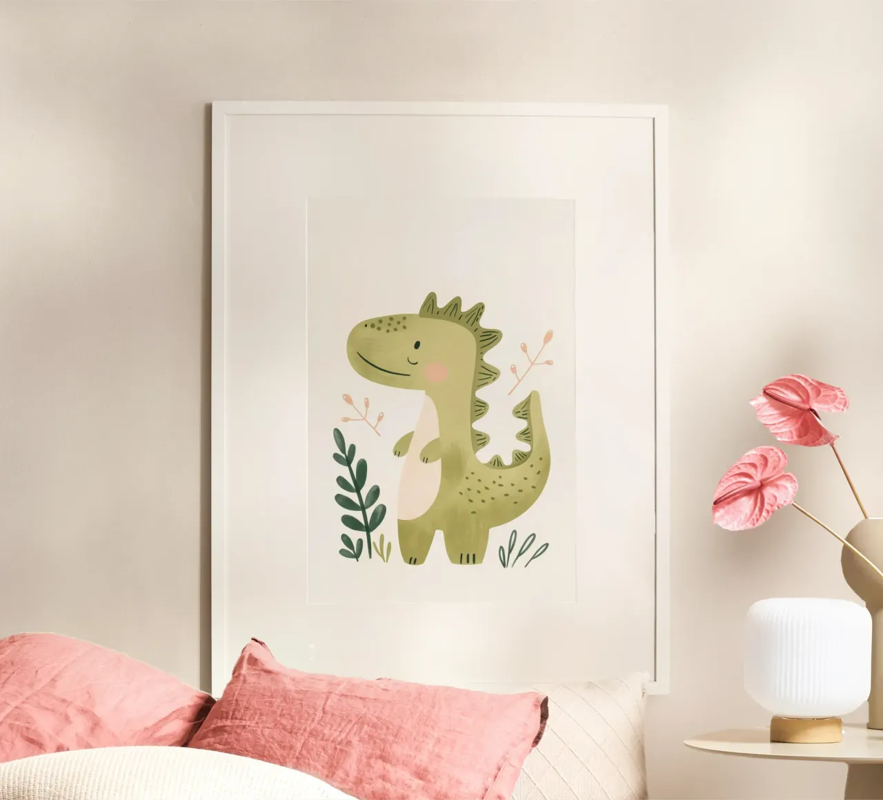 Illustrazione ad acquerello di dinosauri per la cameretta dei bambini e dei ragazzi poster con telaio in plastica da Little Lola