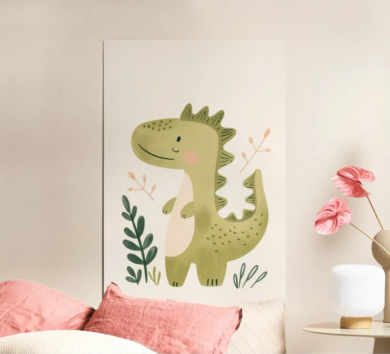 Illustrazione ad acquerello di dinosauri per la cameretta dei bambini e dei ragazzi poster con telaio in plastica da Little Lola