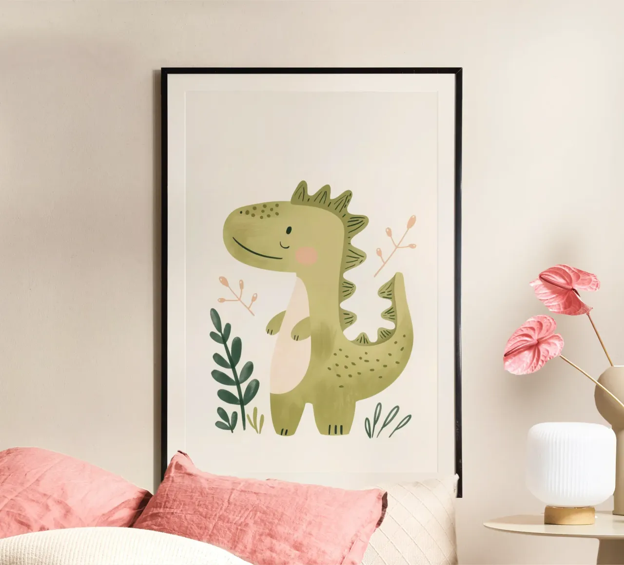 Illustrazione ad acquerello di dinosauri per la cameretta dei bambini e dei ragazzi poster con telaio in plastica da Little Lola