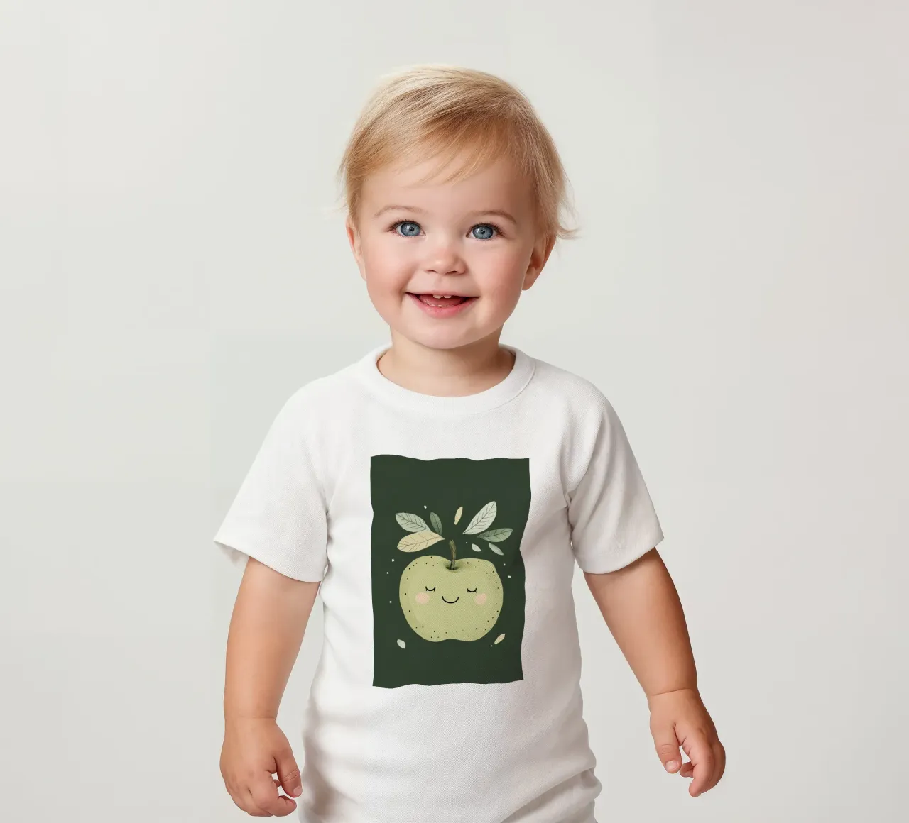Illustrazione del vivaio di mele verdi, stampa di frutta felice maglietta neonato da Little Lola
