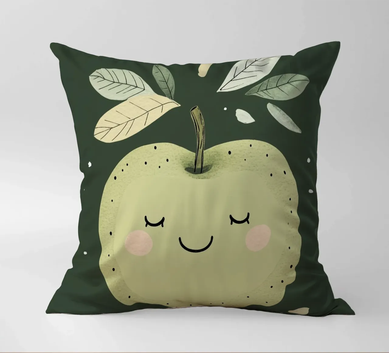 Illustrazione del vivaio di mele verdi, stampa di frutta felice cuscino da Little Lola