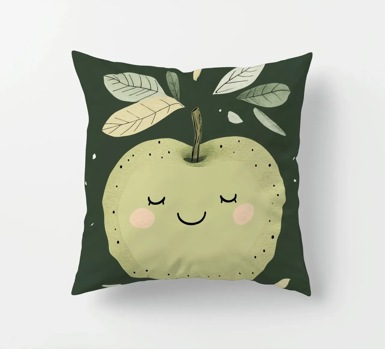 Illustrazione del vivaio di mele verdi, stampa di frutta felice cuscino da Little Lola
