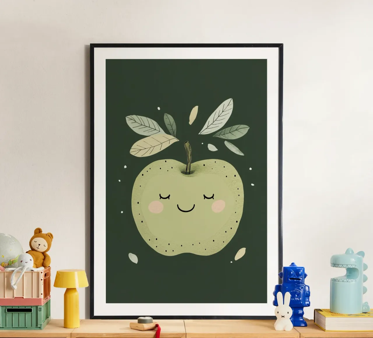 Illustrazione del vivaio di mele verdi, stampa di frutta felice poster con telaio in alluminio da Little Lola