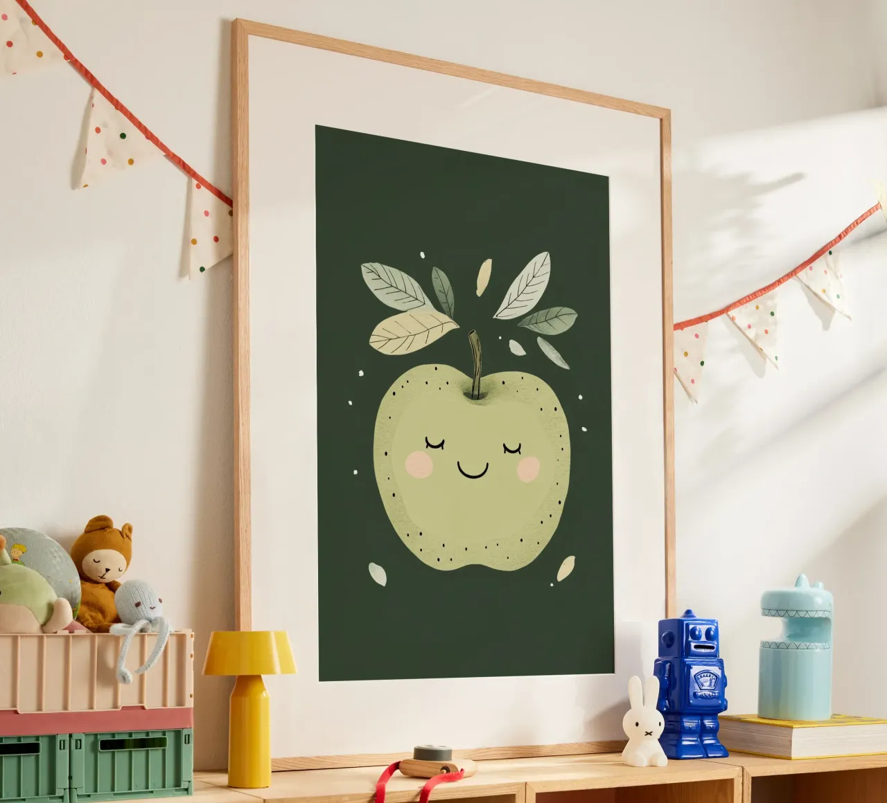 Illustrazione del vivaio di mele verdi, stampa di frutta felice poster con telaio in alluminio da Little Lola