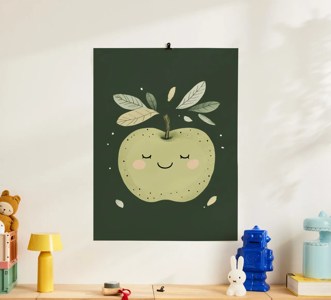 Illustrazione del vivaio di mele verdi, stampa di frutta felice poster con telaio in alluminio da Little Lola