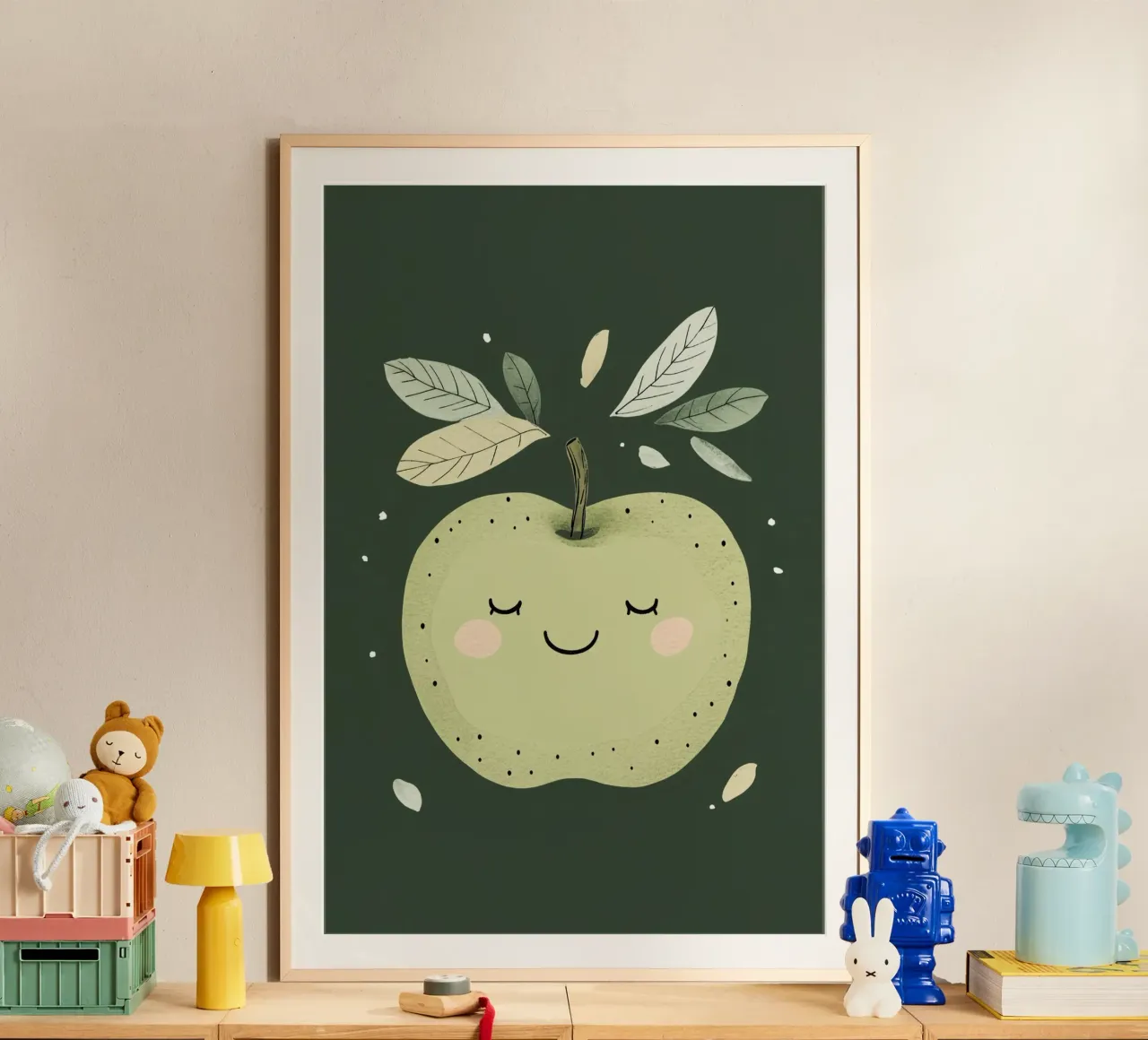 Illustrazione del vivaio di mele verdi, stampa di frutta felice poster con telaio in alluminio da Little Lola