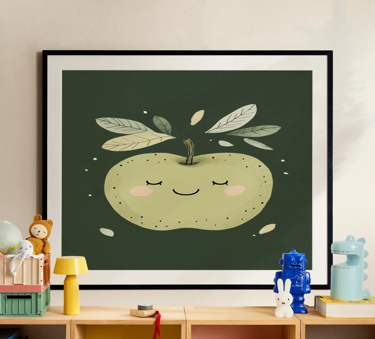 Illustrazione del vivaio di mele verdi, stampa di frutta felice poster con telaio in alluminio da Little Lola