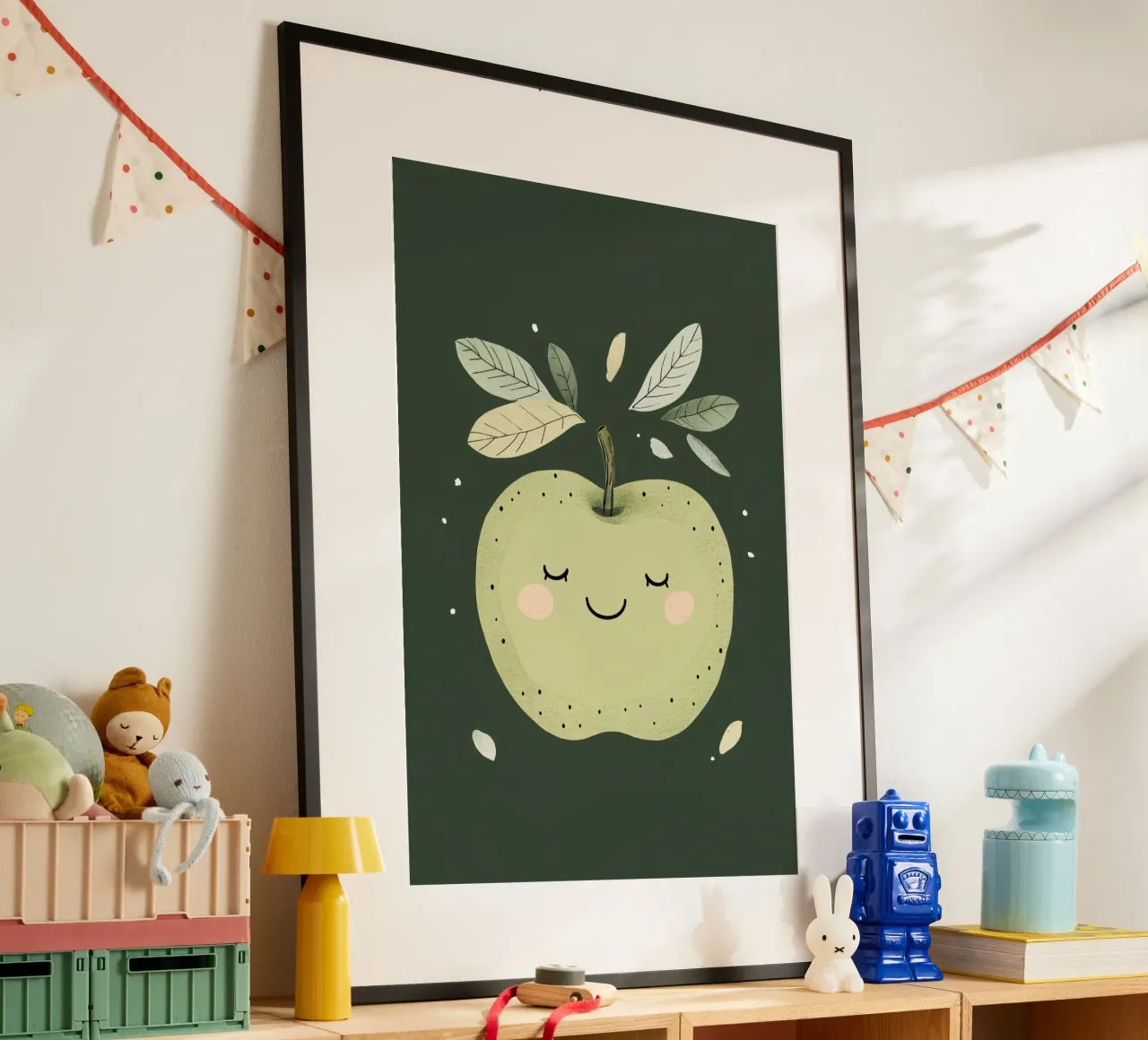 Illustrazione del vivaio di mele verdi, stampa di frutta felice poster con telaio in alluminio da Little Lola