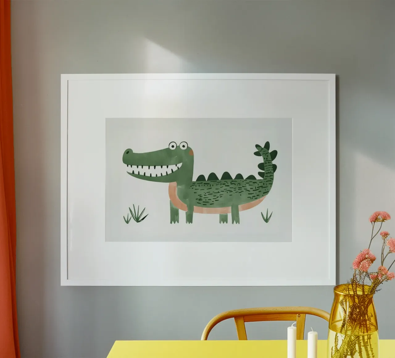 Illustrazione di coccodrillo per la cameretta dei bambini, stanza dei giochi dei ragazzi poster con telaio in legno da Little Lola