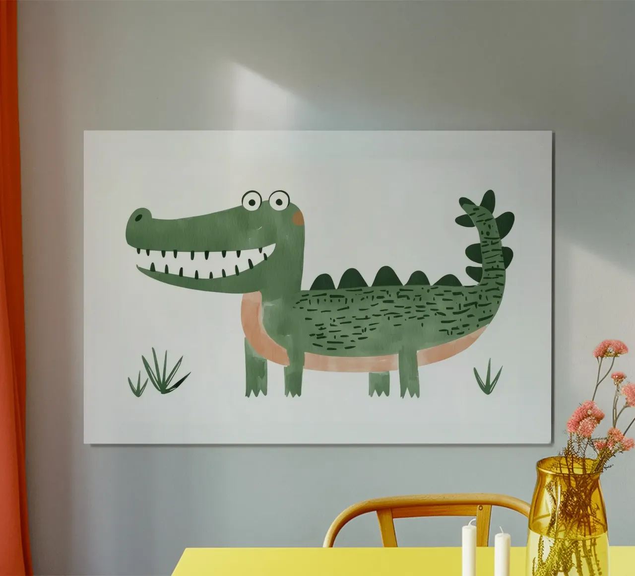 Illustrazione di coccodrillo per la cameretta dei bambini, stanza dei giochi dei ragazzi poster con telaio in legno da Little Lola