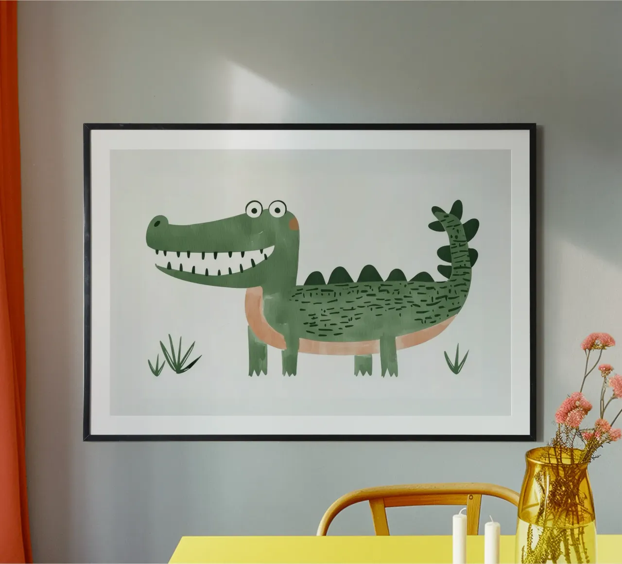 Illustrazione di coccodrillo per la cameretta dei bambini, stanza dei giochi dei ragazzi poster con telaio in legno da Little Lola
