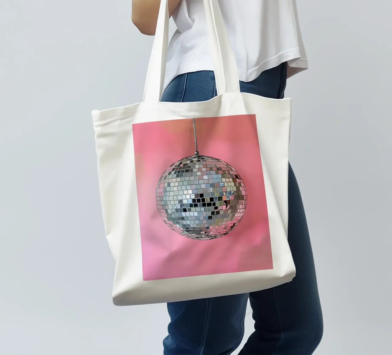 Disco Ball argento su rosa borsa in juta da IamHomeStudio