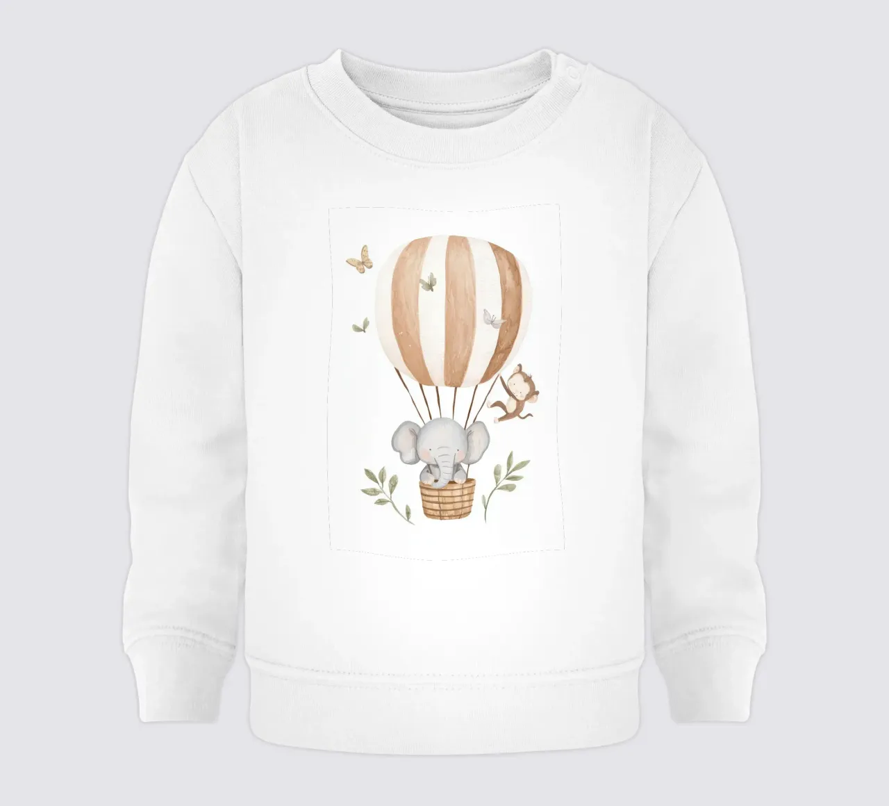 Globo de aire caliente con elefante y mono, Nursery Wall Art sudadera de bebé de Little Lola