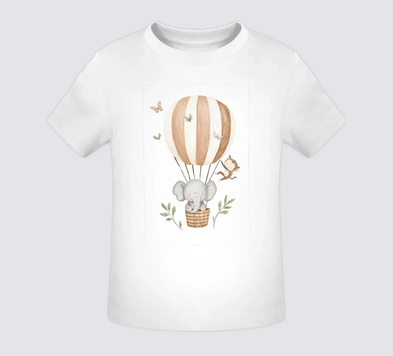 Hot Air Balloon with Elephant and Monkey, Nursery Wall Art baby t-shirt by Little Lola