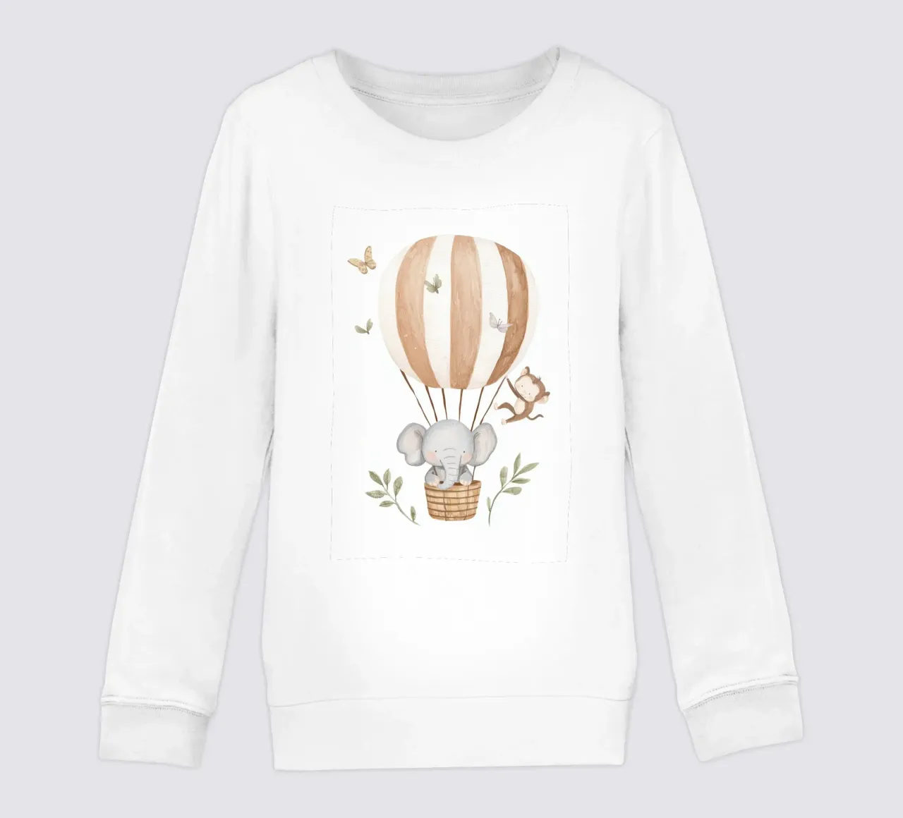 Globo de aire caliente con elefante y mono, Nursery Wall Art sudadera para niño de Little Lola