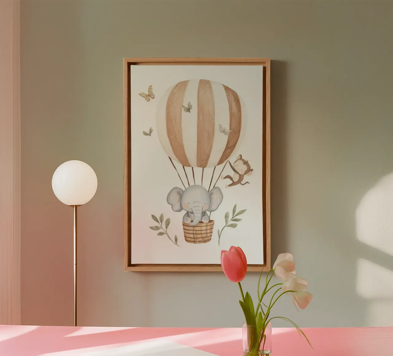 Hot Air Balloon with Elephant and Monkey, Nursery Wall Art canvas with Floater frame by Little Lola