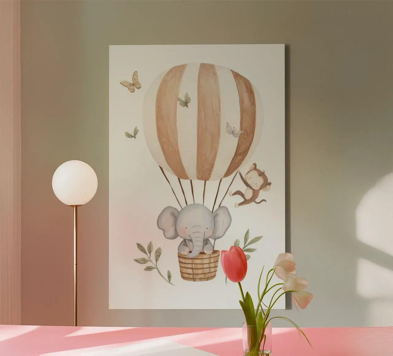 Hot Air Balloon with Elephant and Monkey, Nursery Wall Art canvas with Floater frame by Little Lola