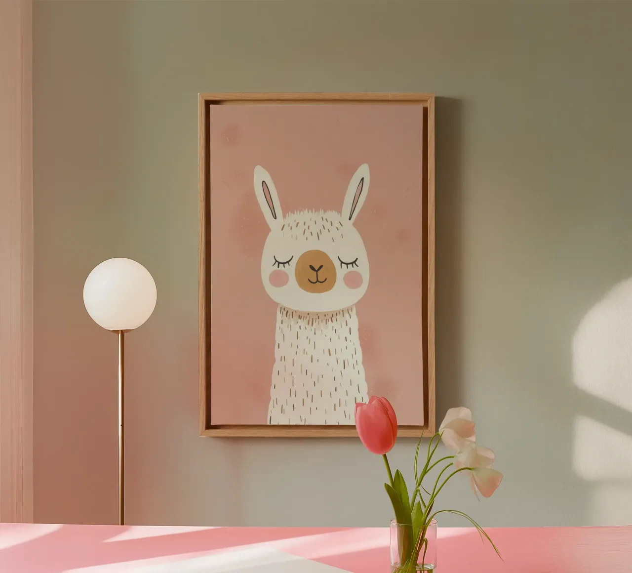Roze Lama Poster voor Kinderkamer, Kinder Roze Print canvas met Baklijst van Little Lola