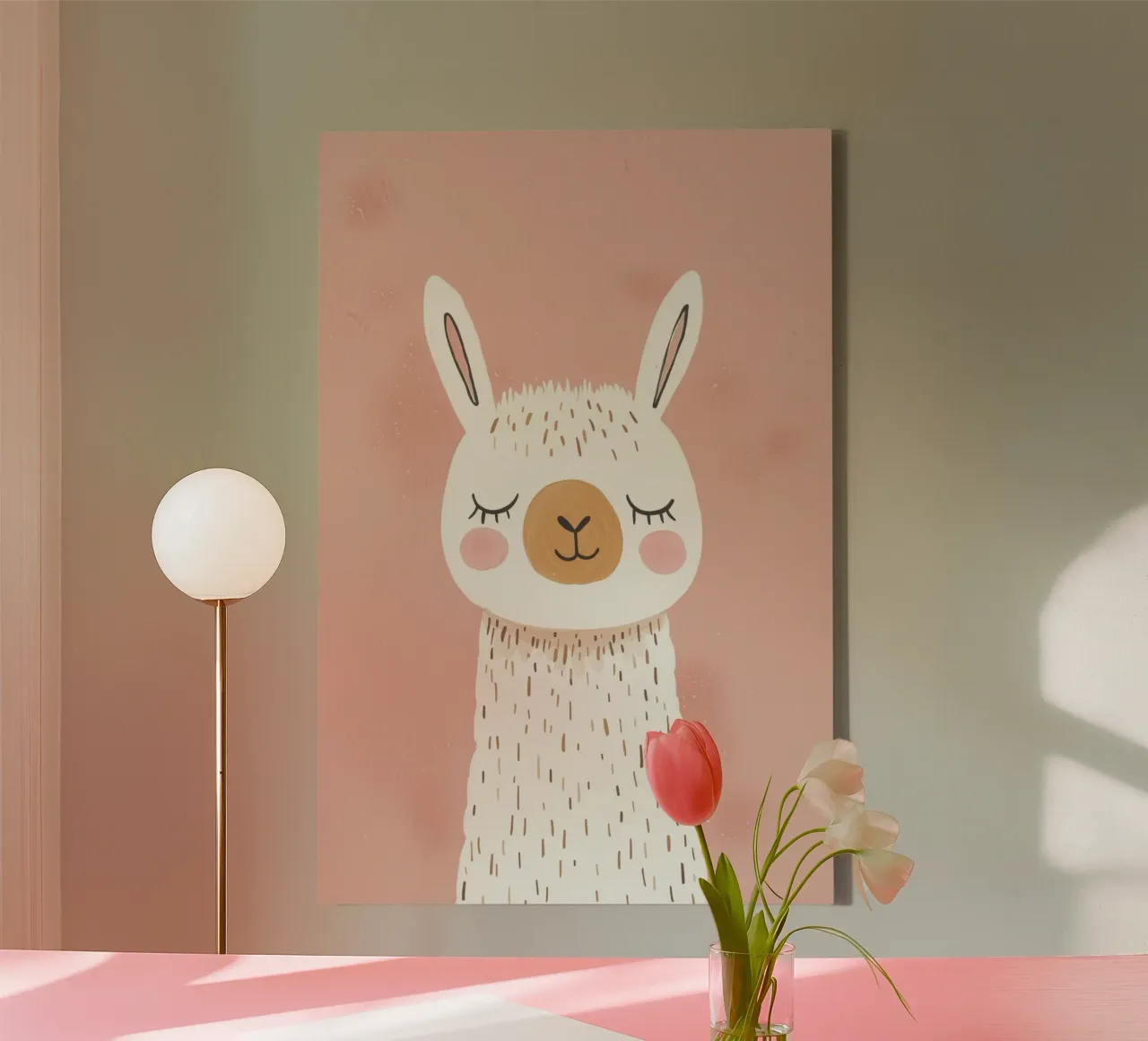 Roze Lama Poster voor Kinderkamer, Kinder Roze Print canvas met Baklijst van Little Lola