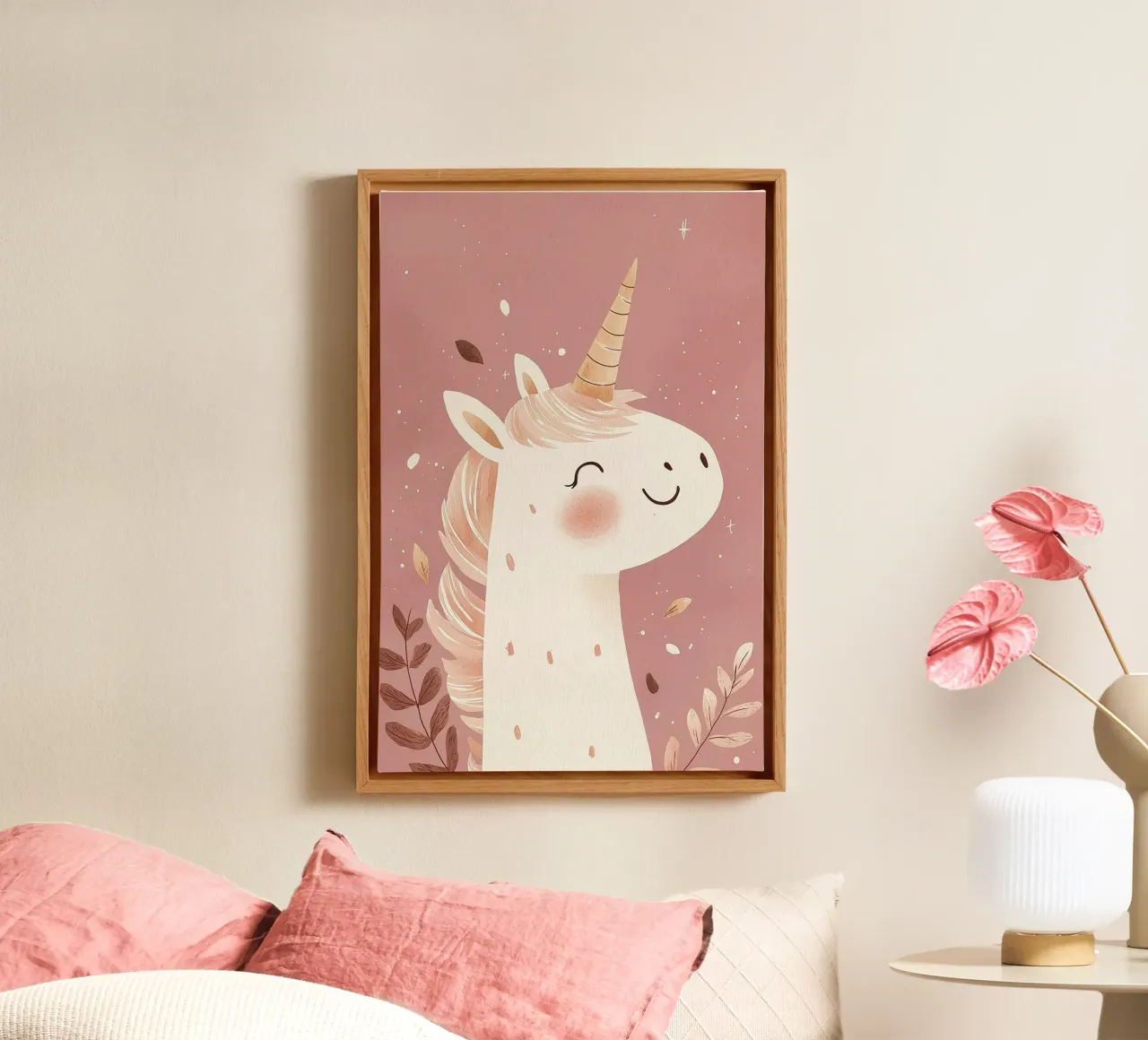 Poster unicorno rosa per la stanza dei giochi o la cameretta dei bambini tela con Cornice a cassetta da Little Lola