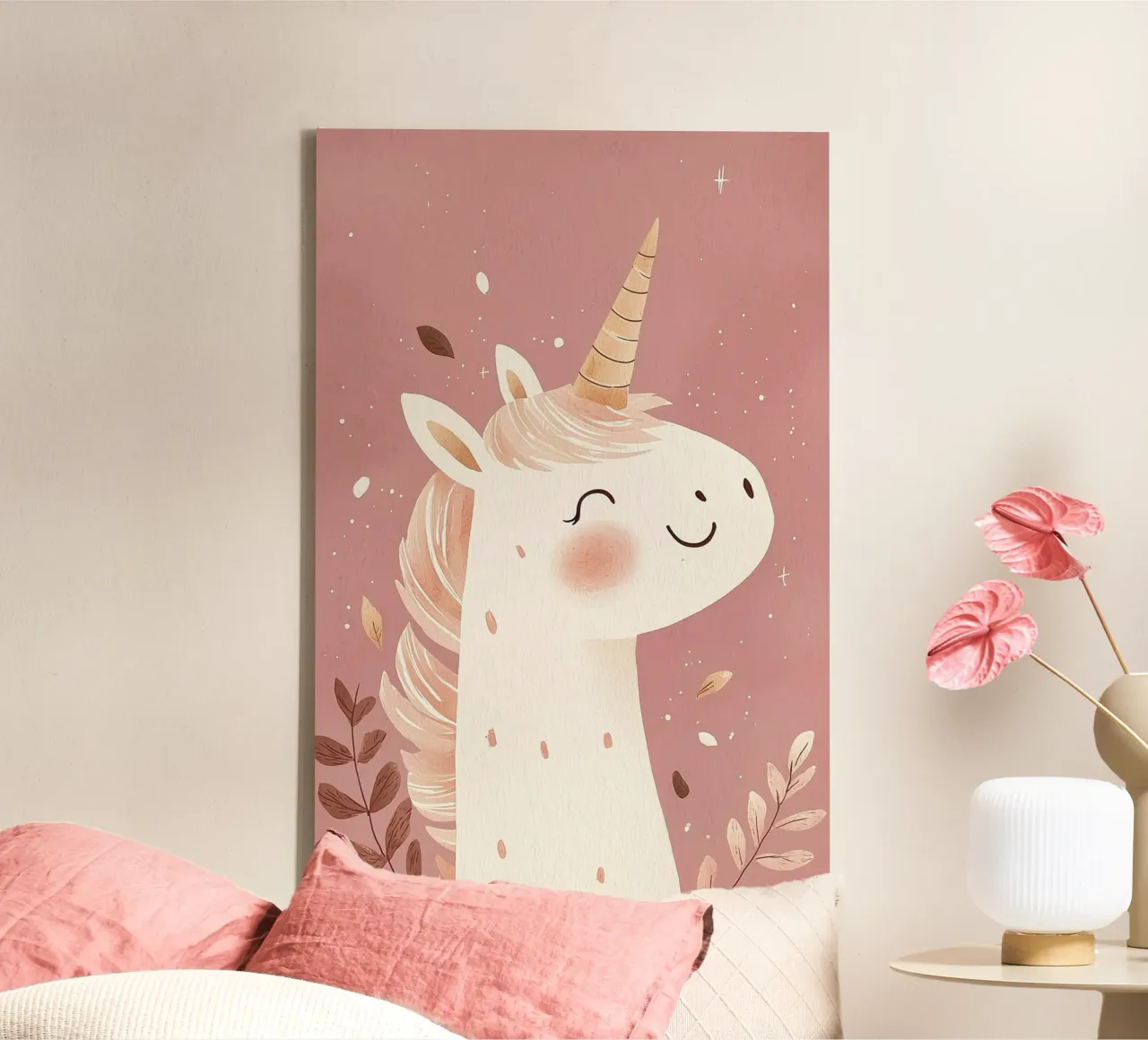 Poster unicorno rosa per la stanza dei giochi o la cameretta dei bambini tela con Cornice a cassetta da Little Lola