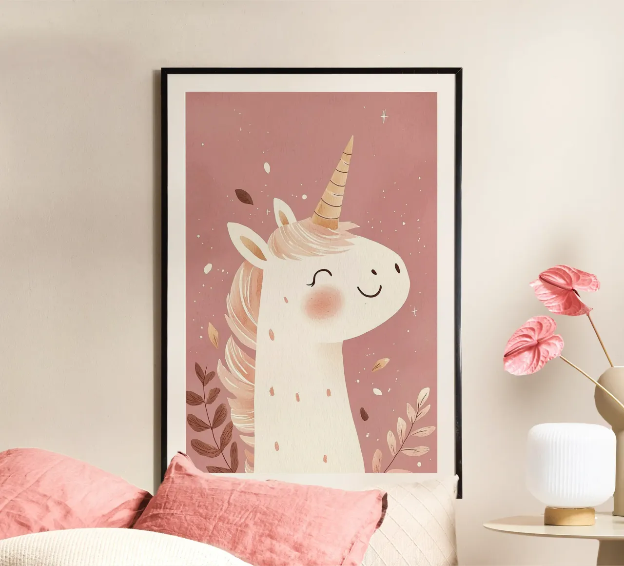 Poster unicorno rosa per la stanza dei giochi o la cameretta dei bambini poster con telaio in legno da Little Lola
