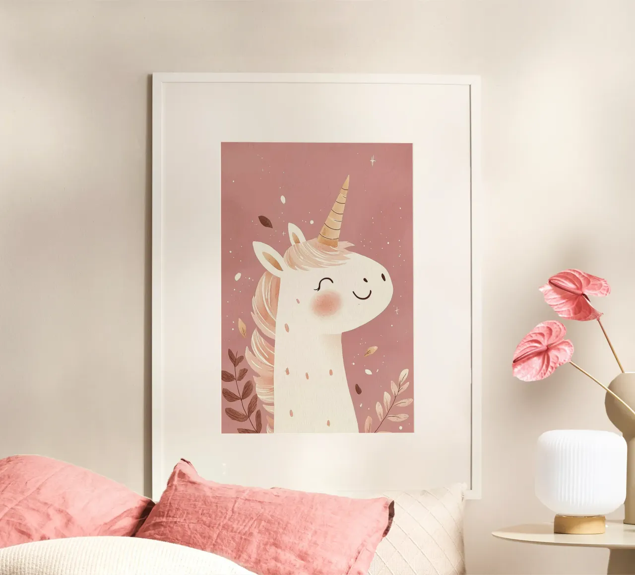 Poster unicorno rosa per la stanza dei giochi o la cameretta dei bambini poster con telaio in legno da Little Lola