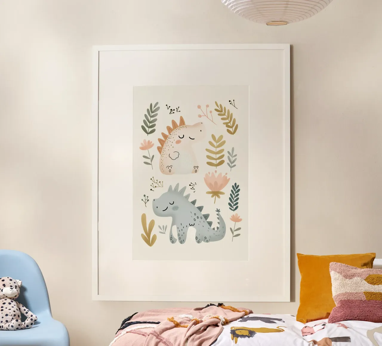 Dinosaur Print for Nursery, Pastel Kids Wall Art poster con telaio in plastica da Little Lola