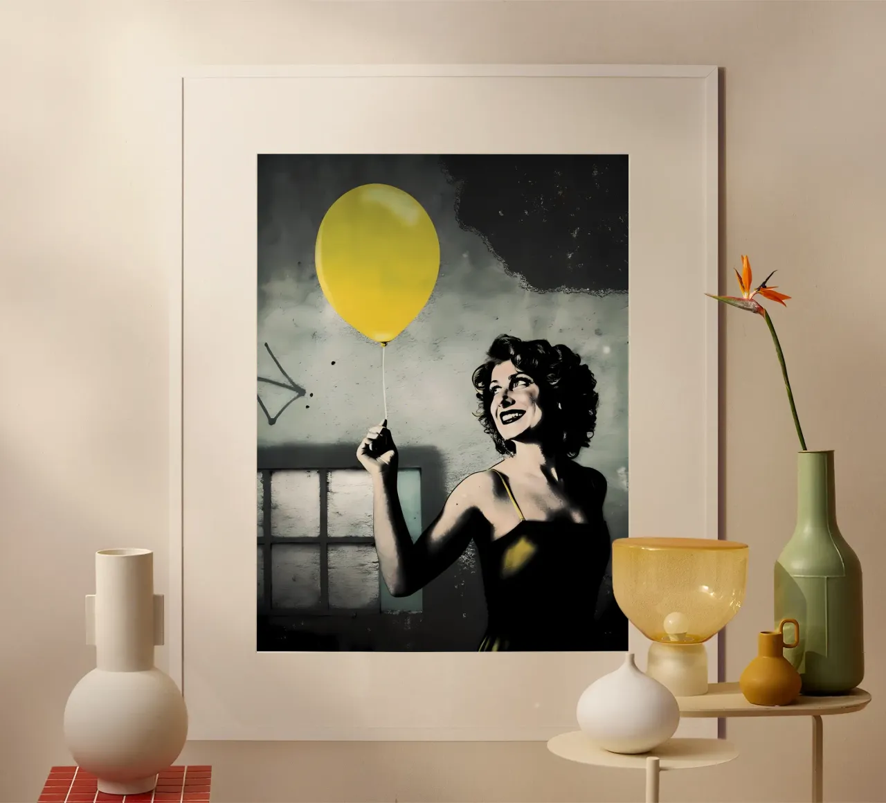 The Yellow Balloon poster with wooden frame by Jester Krew Art