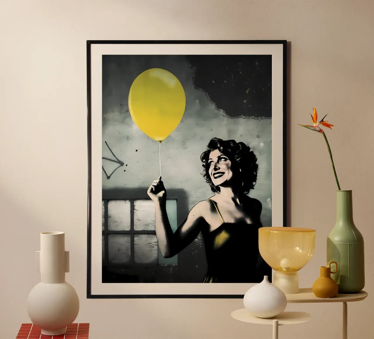 The Yellow Balloon poster with wooden frame by Jester Krew Art