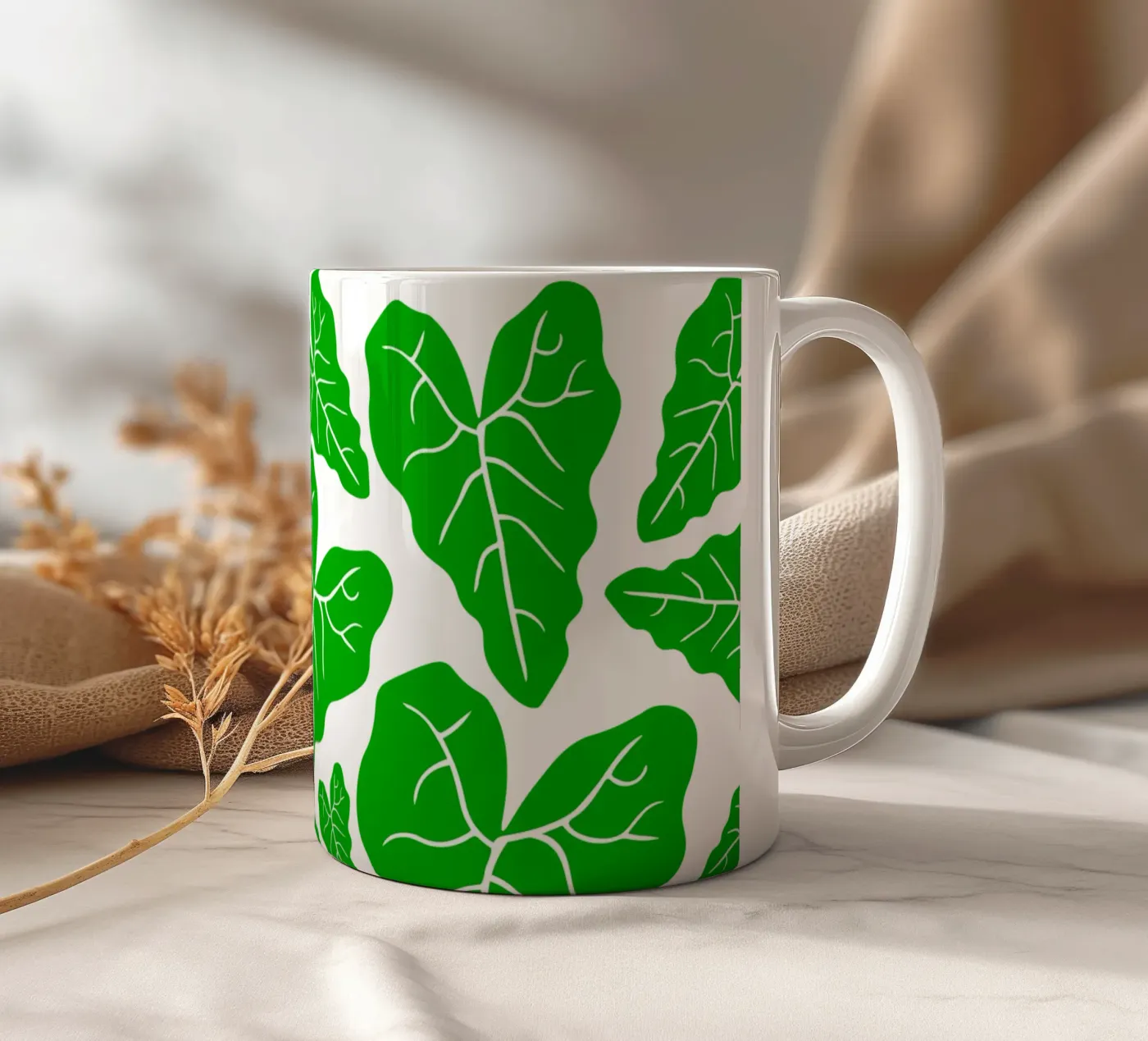 Green leaves pattern ceramic mug by baobabprintstore