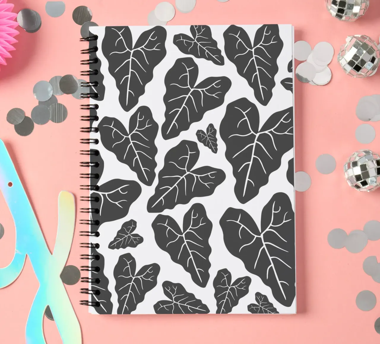 Grey leaves pattern spiral notebook by baobabprintstore