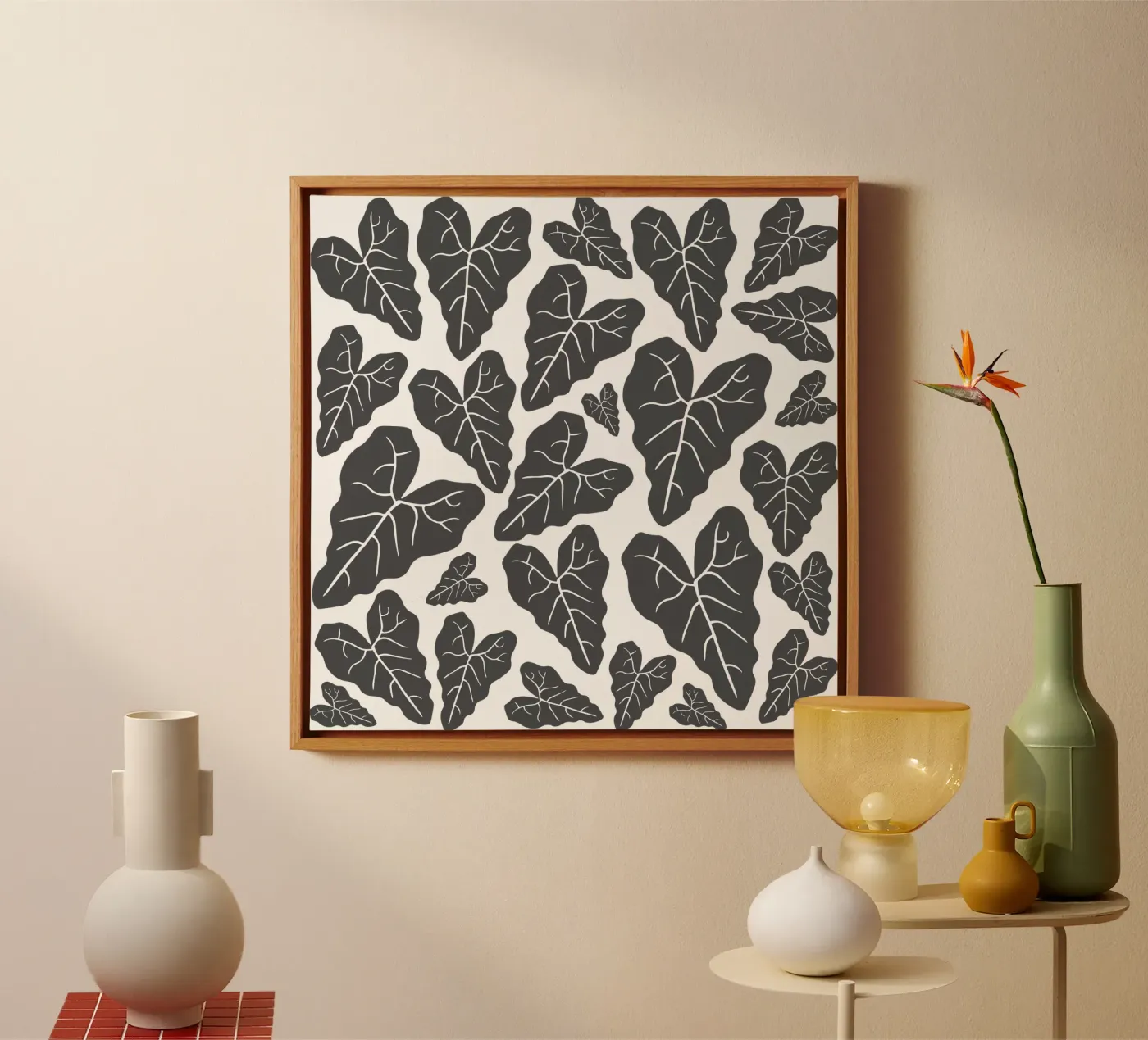 Grey leaves pattern canvas by baobabprintstore