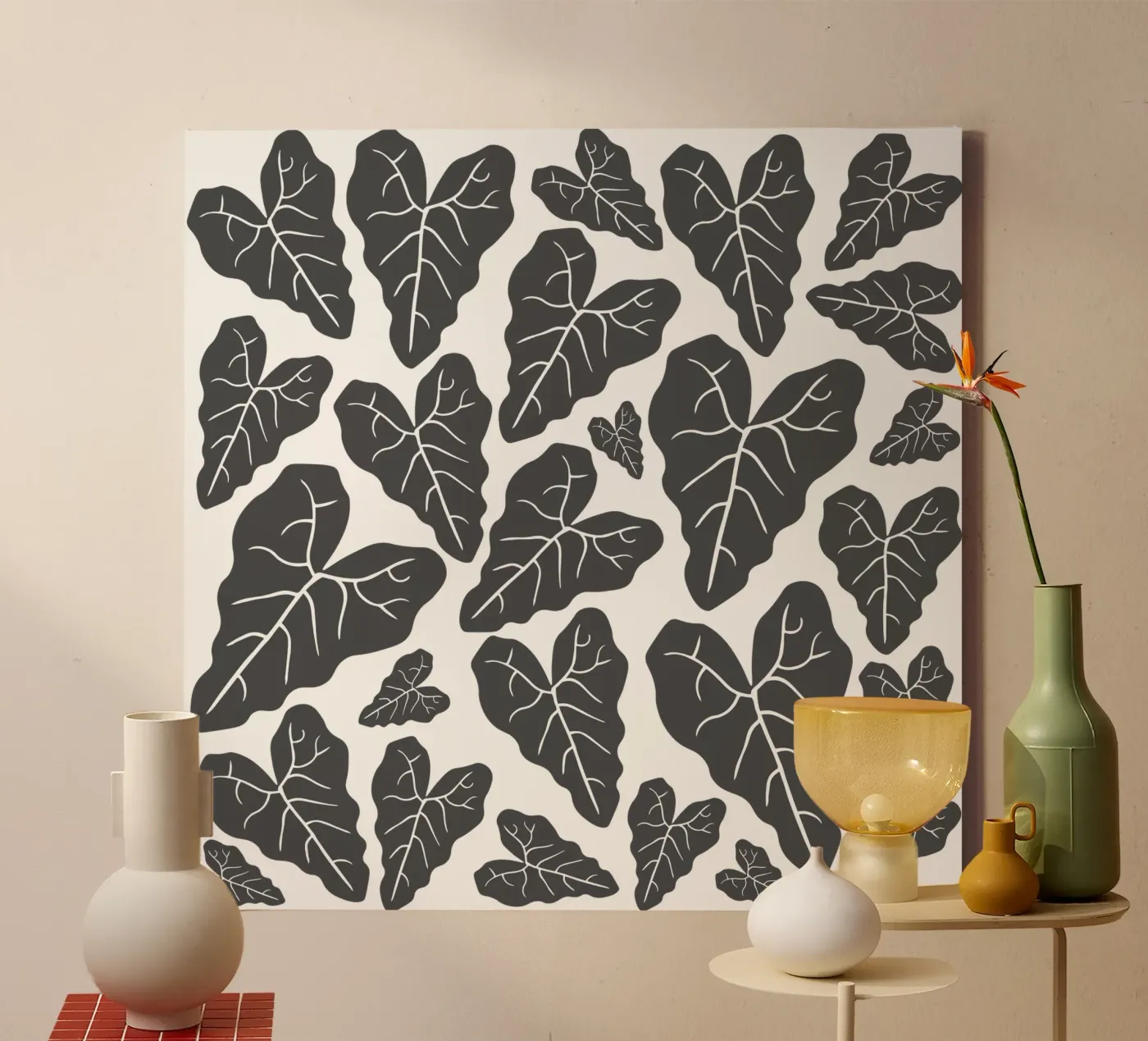 Grey leaves pattern canvas by baobabprintstore