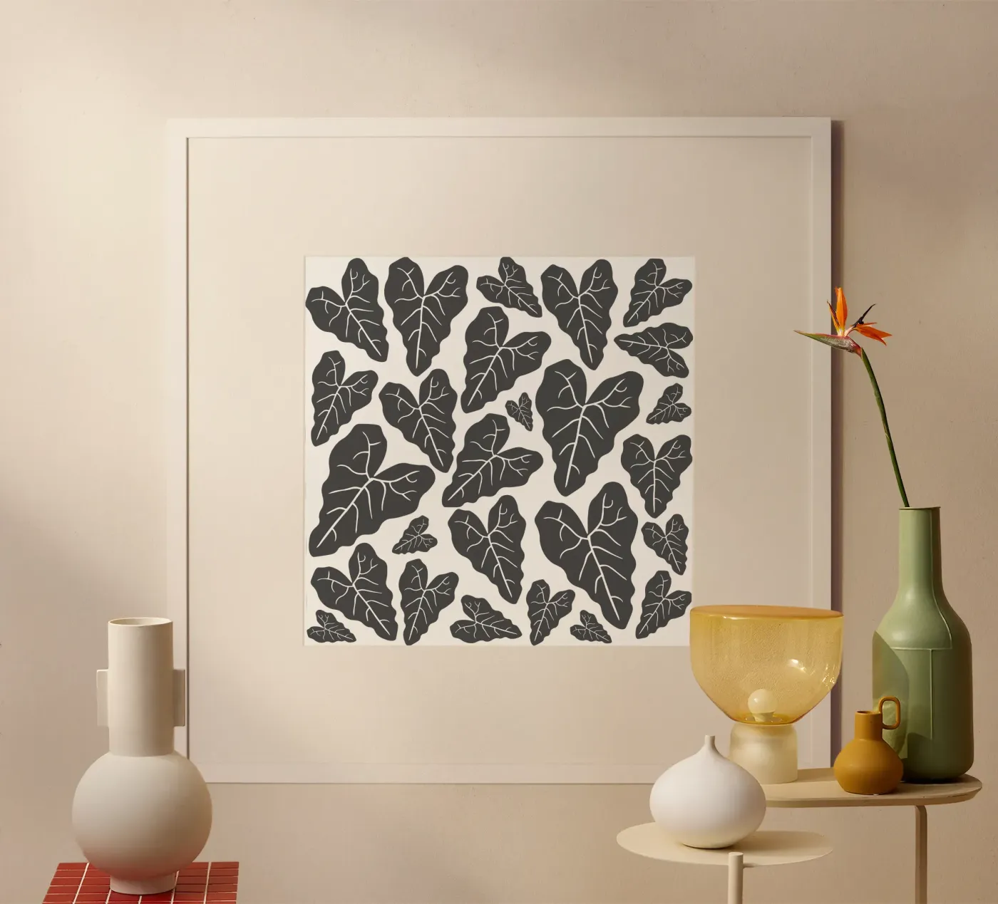 Grey leaves pattern poster da baobabprintstore