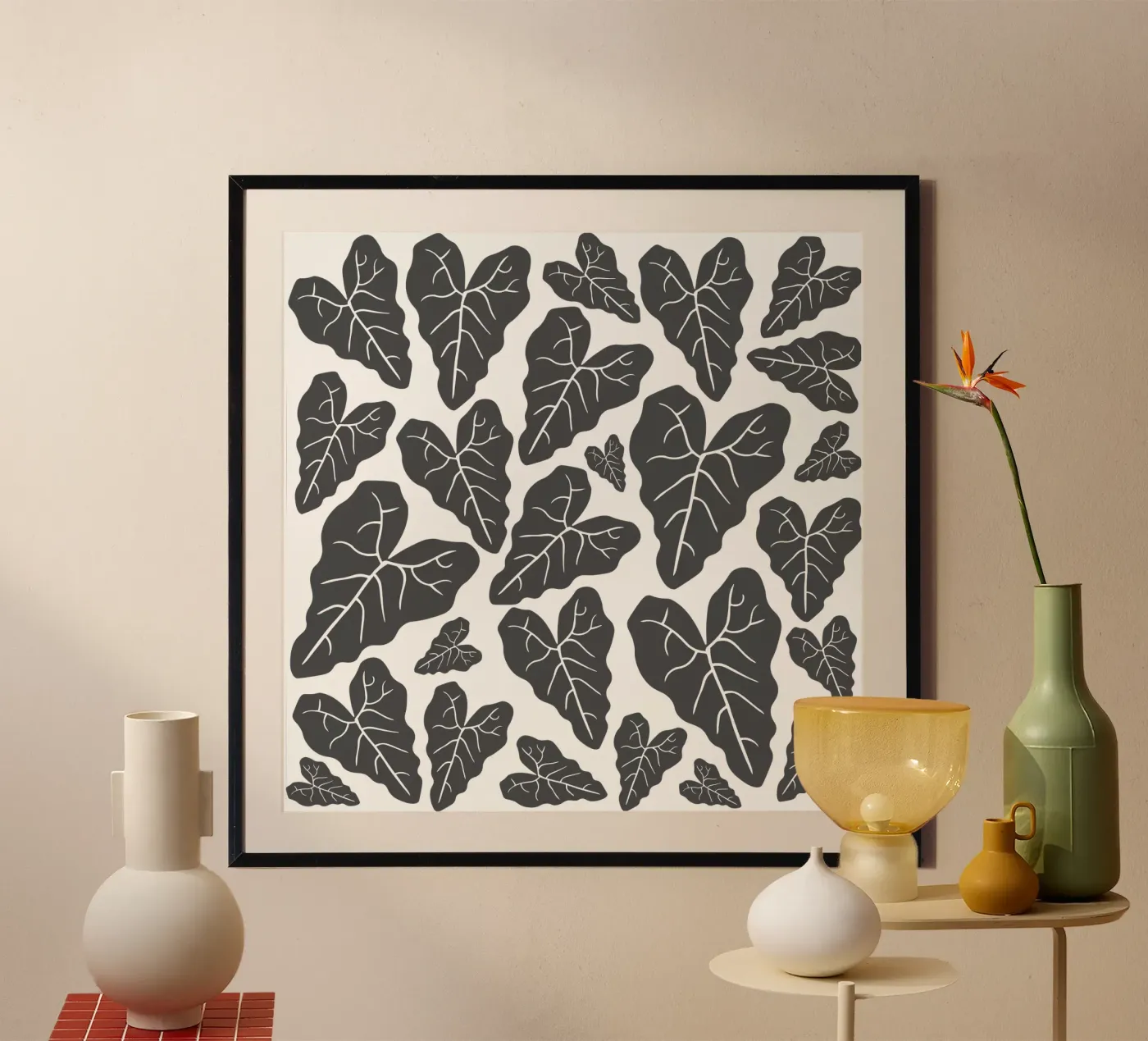 Grey leaves pattern poster da baobabprintstore