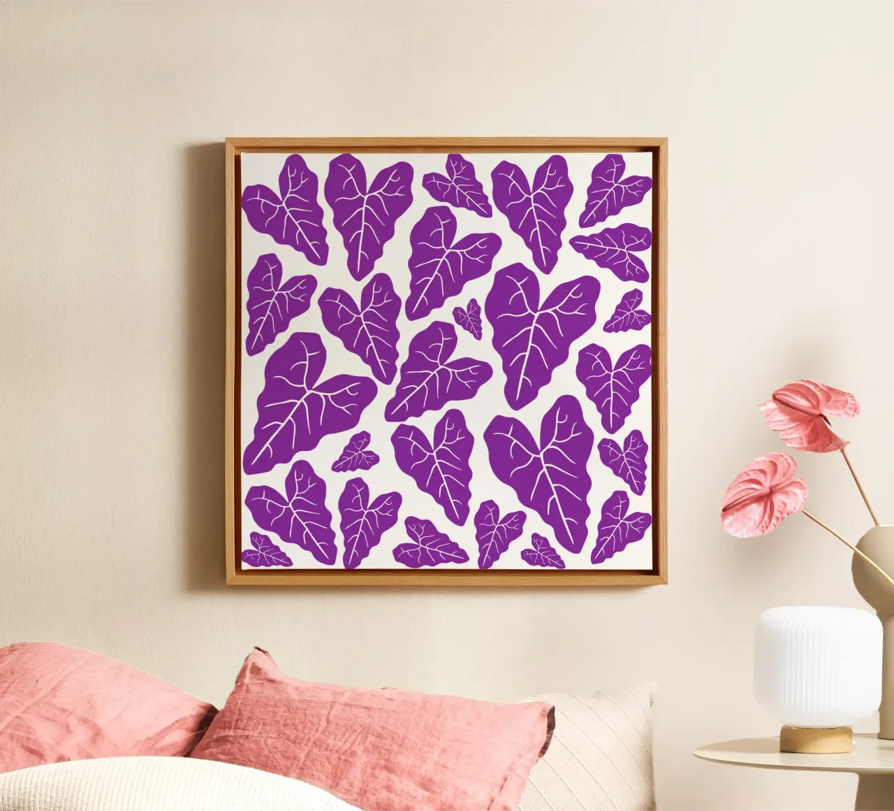 Purple leaves pattern tela con Cornice a cassetta da baobabprintstore