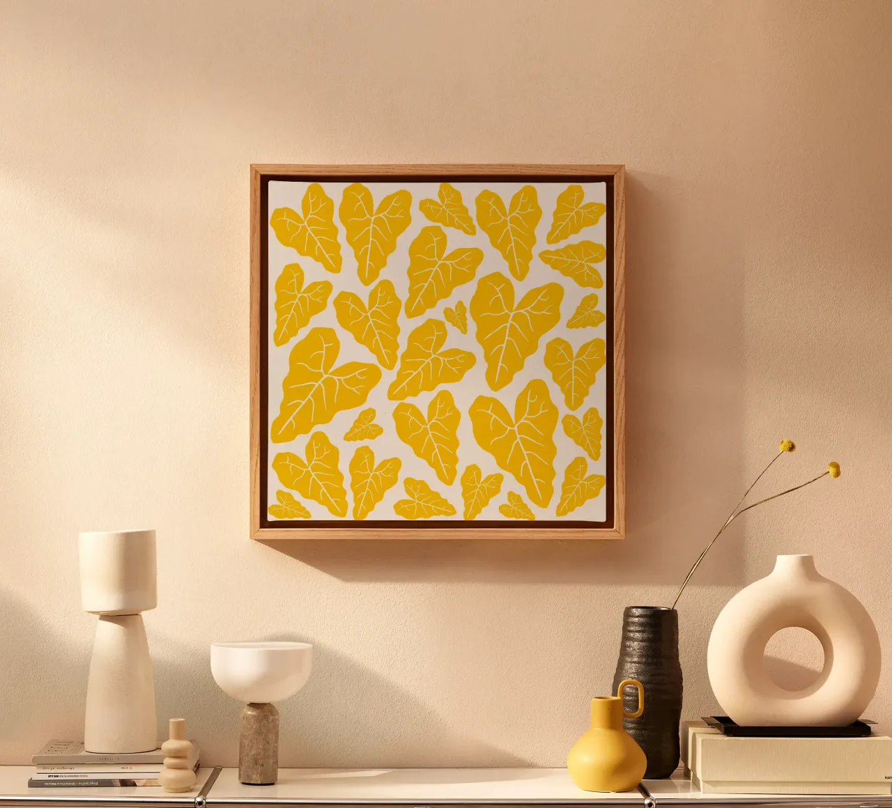 Yellow leaves pattern tela con Cornice a cassetta da baobabprintstore